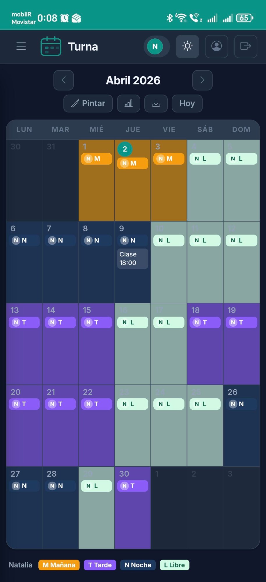 App Turna - Calendario de turnos con turnos de mañana, tarde y noche pintados en colores