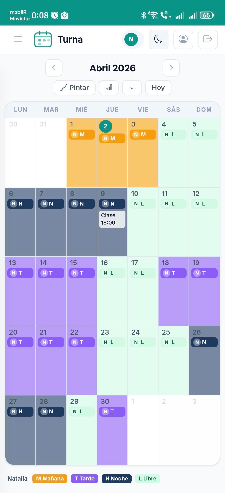 Turna en modo claro - calendario de turnos con colores