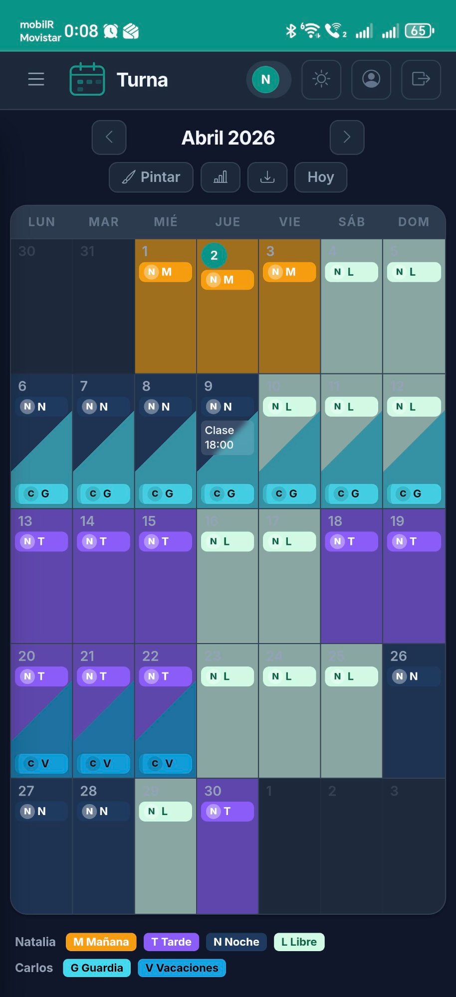 Calendarios de turnos compartidos entre pareja con vista diagonal